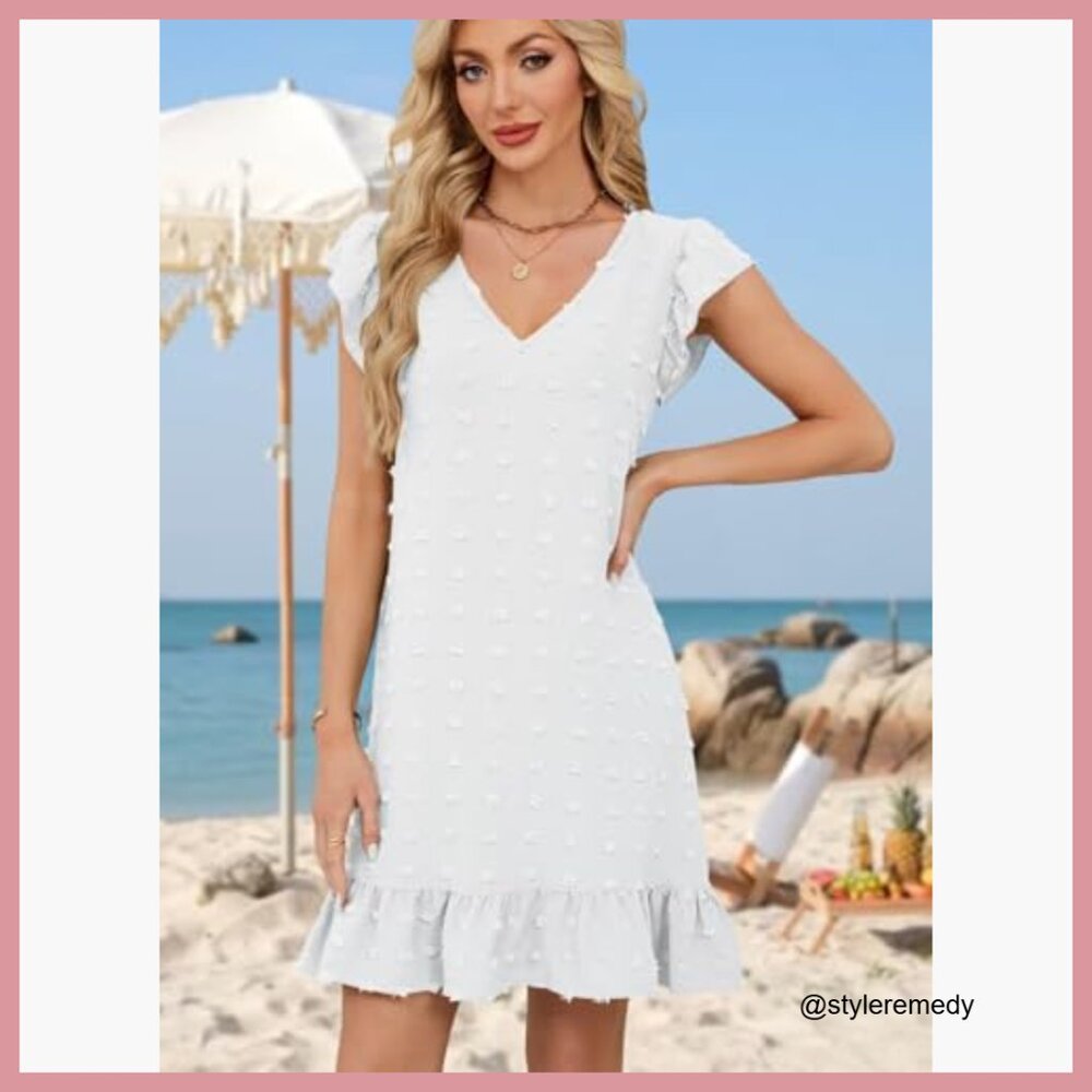 Polyester V-Neck Cap Sleeve Ruffle Hem Casual Beach Dress - Picture 2 of 7